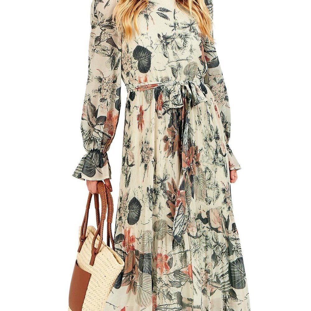 Floral Chiffon Midi Dress Elegant Boho Wedding Guest Party Wear Long Sleeve
